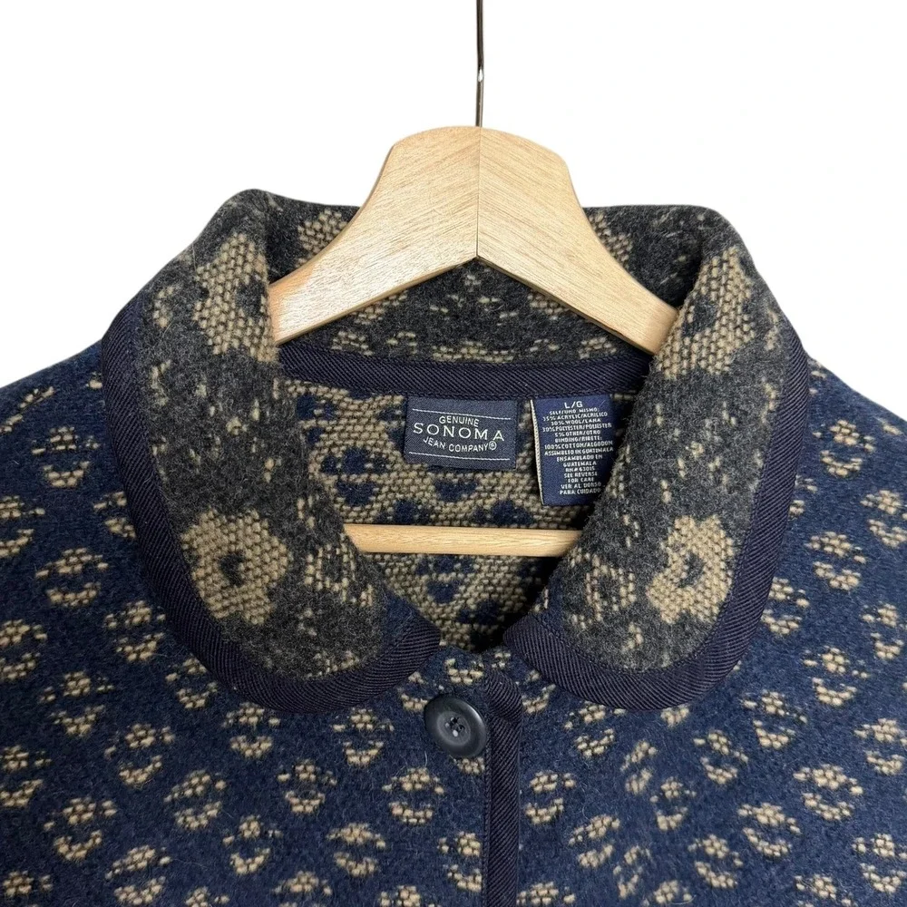Sonoma Western‎ Rugged Wool Blend Moose Print Cardigan Sweater Navy L Cabincore